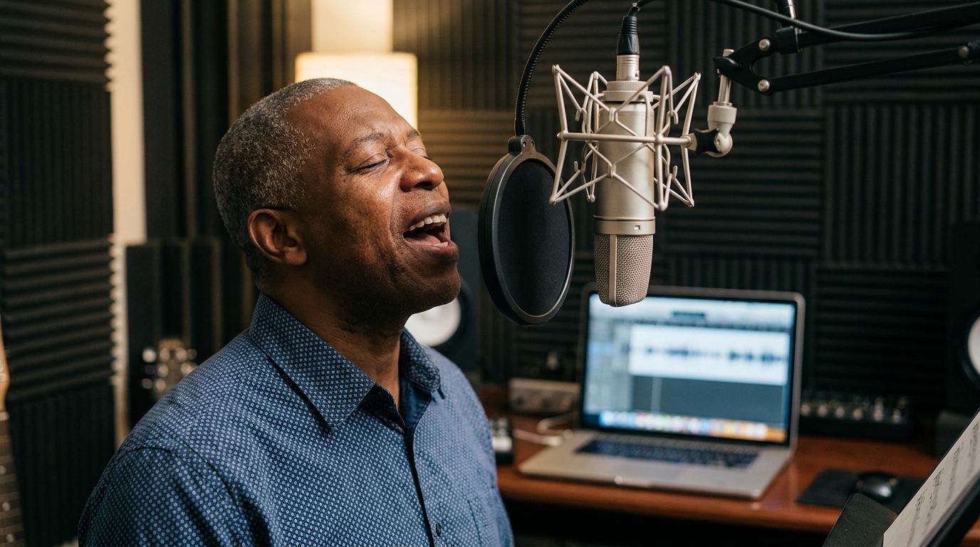 A singer recording in a small home studio, eyes closed, mid-note